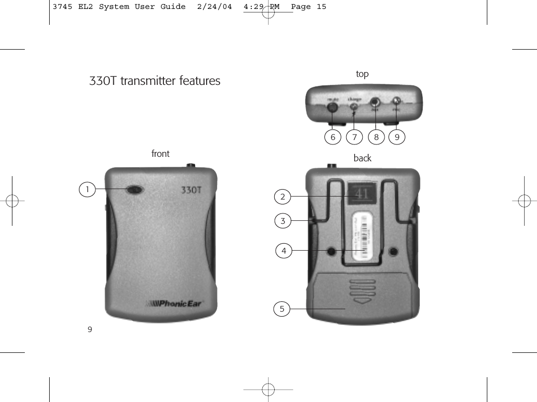 9330T transmitter featuresfront back13524top6 7 8 93745 EL2 System User Guide  2/24/04  4:29 PM  Page 15