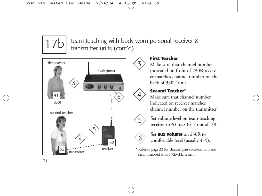 31team-teaching with body-worn personal receiver &amp; transmitter units (cont’d)First TeacherMake sure that channel numberindicated on front of 230R receiv-er matches channel number on theback of 330T unit3Second Teacher*Make sure that channel numberindicated on receiver matches channel number on the transmitter4second teacher4230R (front)first teacher341receiver32transmitter330T3217bSet volume level on team-teachingreceiver to 2/3max (6 -7 out of 10). 5Set aux volume on 230R to comfortable level (usually 4 -5).665* Refer to page 32 for channel pair combinations notrecommended with a 72MHz system.3745 EL2 System User Guide  2/24/04  4:30 PM  Page 37