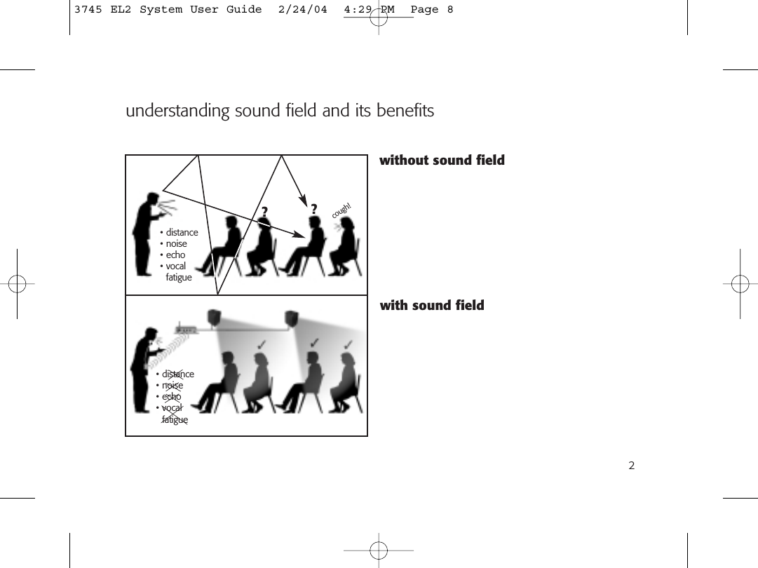 understanding sound field and its benefits?• distance• noise• echo• vocalfatiguecough!• distance• noise• echo• vocalfatigue?without sound fieldwith sound field23745 EL2 System User Guide  2/24/04  4:29 PM  Page 8