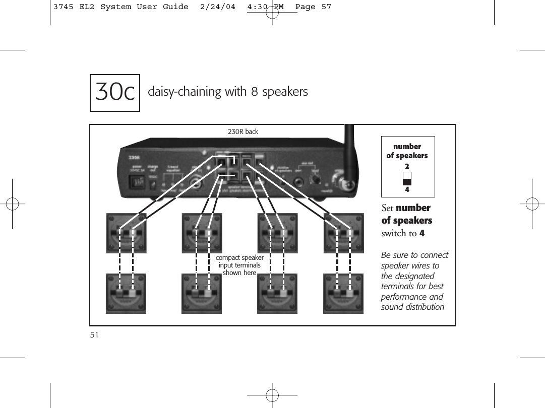 daisy-chaining with 8 speakers230R backcompact speaker input terminalsshown here30cBe sure to connectspeaker wires tothe designatedterminals for bestperformance andsound distributionnumberof speakers24Set number of speakers switch to 4513745 EL2 System User Guide  2/24/04  4:30 PM  Page 57