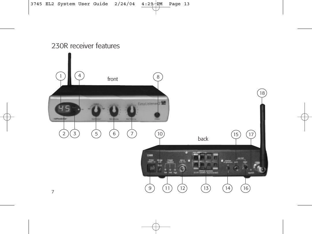 7230R receiver featuresfrontback72 34568911 12 13 14 161710 151813745 EL2 System User Guide  2/24/04  4:29 PM  Page 13