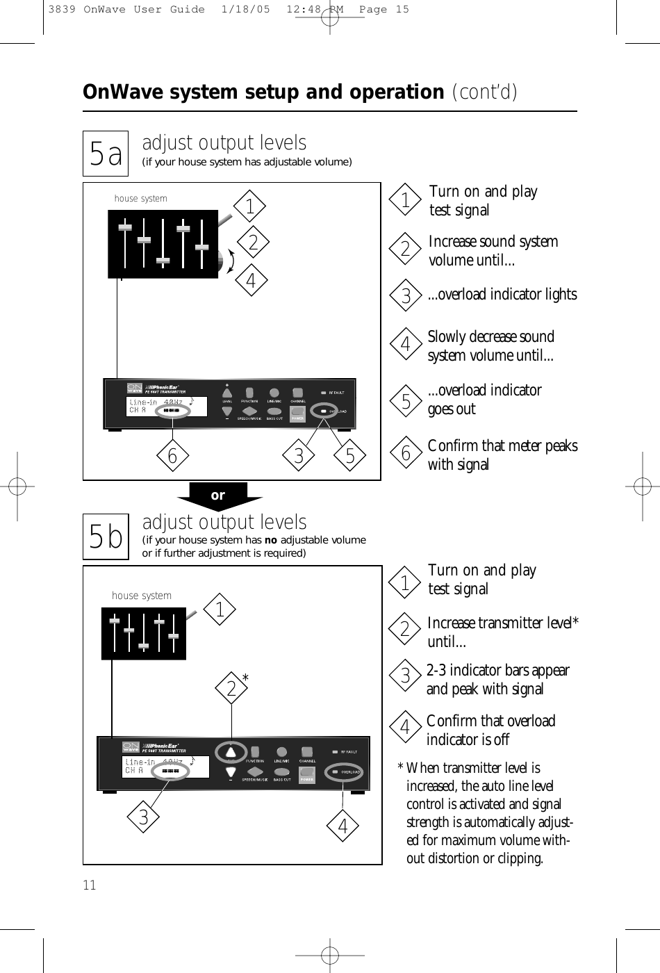 OnWave system setup and operation (cont’d)115a adjust output levels(if your house system has adjustable volume)5b adjust output levels(if your house system has no adjustable volume or if further adjustment is required)house systemhouse system* When transmitter level isincreased, the auto line levelcontrol is activated and signalstrength is automatically adjust-ed for maximum volume with-out distortion or clipping.*Increase sound systemvolume until...Turn on and play test signalor...overload indicator lightsSlowly decrease soundsystem volume until......overload indicator goes outConfirm that meter peakswith signalIncrease transmitter level*until...Turn on and play test signal2-3 indicator bars appearand peak with signalConfirm that overloadindicator is off214321432143652143653839 OnWave User Guide  1/18/05  12:48 PM  Page 15