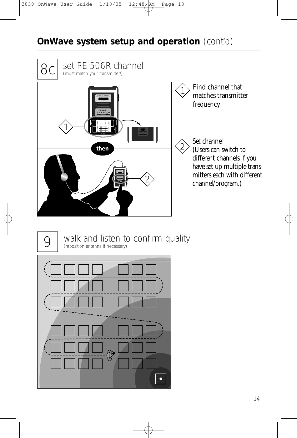 OnWave system setup and operation (cont’d)14Phonic Ear   PE 506R99 014737Narrow-Band Receiver9walk and listen to confirm quality(reposition antenna if necessary)8c set PE 506R channel(must match your transmitter!)thenCHANNELNOFREQCODE7891011121511141719+–– 72 MHz +Phonic Ear   PE 506RNarrow-Band Receiver99 014737Set channel (Users can switch to different channels if youhave set up multiple trans-mitters each with differentchannel/program.)Find channel that matches transmitterfrequency21213839 OnWave User Guide  1/18/05  12:48 PM  Page 18