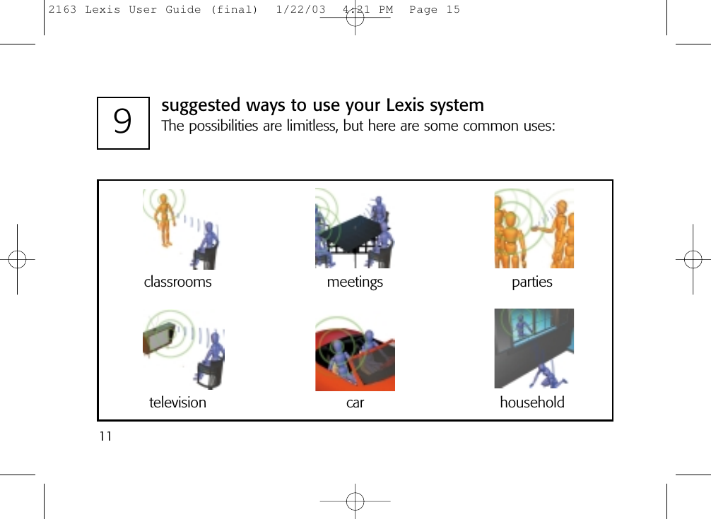 119suggested ways to use your Lexis systemThe possibilities are limitless, but here are some common uses:classrooms meetings partiestelevision car household2163 Lexis User Guide (final)  1/22/03  4:21 PM  Page 15