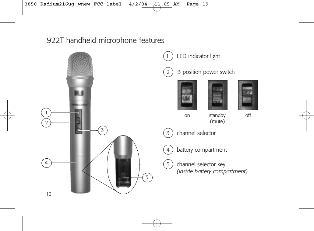 13922T handheld microphone features 1 LED indicator light4 battery compartment5 channel selector key(inside battery compartment)2 3 position power switchon offstandby(mute)425313 channel selector3850 Radium216ug wnew FCC label  4/2/04  11:05 AM  Page 19