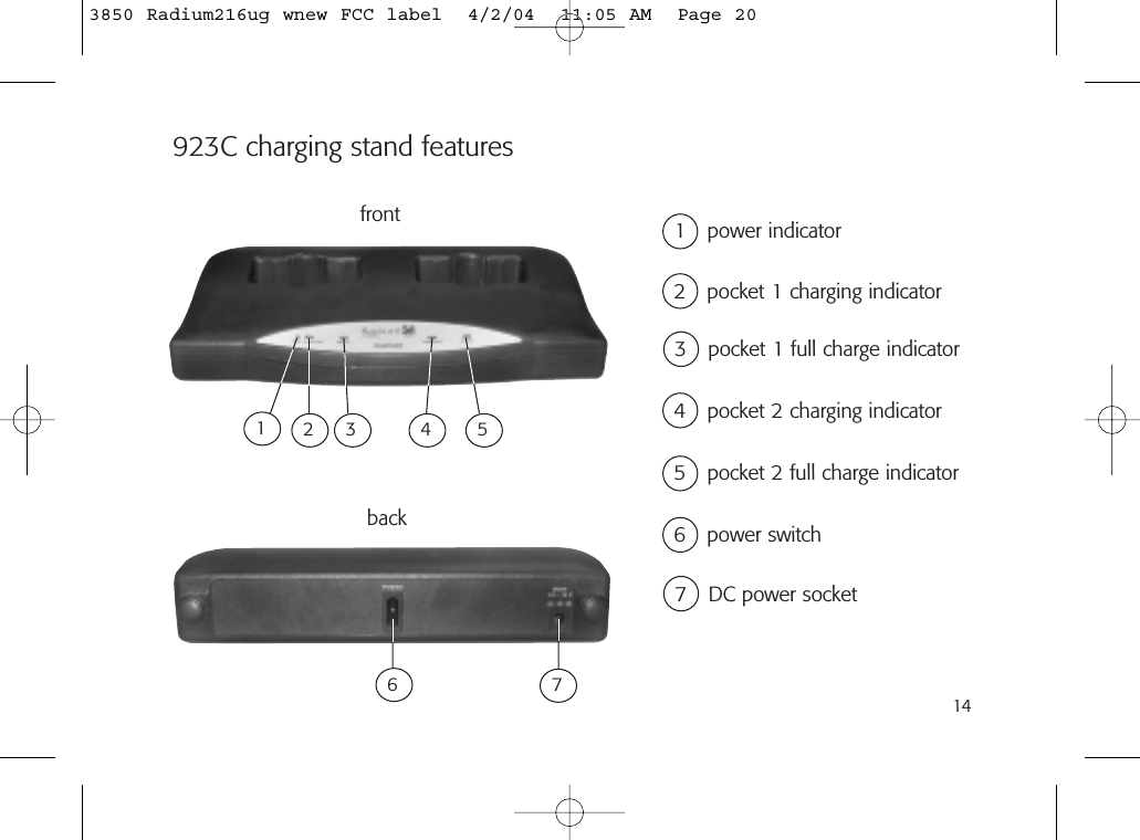 14923C charging stand features 2 pocket 1 charging indicator1 power indicator3 pocket 1 full charge indicator4 pocket 2 charging indicator5 pocket 2 full charge indicator6 power switch7 DC power socketfrontback67123 4 53850 Radium216ug wnew FCC label  4/2/04  11:05 AM  Page 20