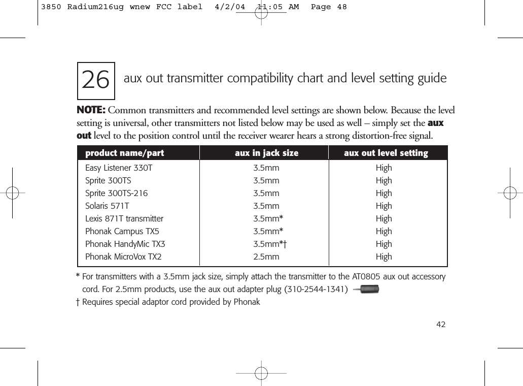 42aux out transmitter compatibility chart and level setting guide* For transmitters with a 3.5mm jack size, simply attach the transmitter to the AT0805 aux out accessorycord. For 2.5mm products, use the aux out adapter plug (310-2544-1341)† Requires special adaptor cord provided by PhonakNOTE: Common transmitters and recommended level settings are shown below. Because the levelsetting is universal, other transmitters not listed below may be used as well – simply set the auxout level to the position control until the receiver wearer hears a strong distortion-free signal.product name/part aux in jack size aux out level settingEasy Listener 330T  3.5mm HighSprite 300TS  3.5mm HighSprite 300TS-216 3.5mm HighSolaris 571T 3.5mm HighLexis 871T transmitter 3.5mm* HighPhonak Campus TX5 3.5mm* HighPhonak HandyMic TX3 3.5mm*† HighPhonak MicroVox TX2 2.5mm High263850 Radium216ug wnew FCC label  4/2/04  11:05 AM  Page 48