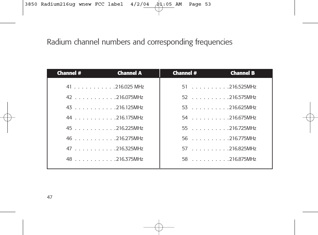 47Radium channel numbers and corresponding frequenciesChannel # Channel A Channel # Channel B41 . . . . . . . . . . .216.025 MHz 51  . . . . . . . . . .216.525MHz42 . . . . . . . . . . .216.075MHz 52  . . . . . . . . . .216.575MHz43 . . . . . . . . . . .216.125MHz 53  . . . . . . . . . .216.625MHz44 . . . . . . . . . . .216.175MHz 54  . . . . . . . . . .216.675MHz45 . . . . . . . . . . .216.225MHz 55  . . . . . . . . . .216.725MHz46 . . . . . . . . . . .216.275MHz 56  . . . . . . . . . .216.775MHz47 . . . . . . . . . . .216.325MHz 57  . . . . . . . . . .216.825MHz48 . . . . . . . . . . .216.375MHz 58  . . . . . . . . . .216.875MHz3850 Radium216ug wnew FCC label  4/2/04  11:05 AM  Page 53