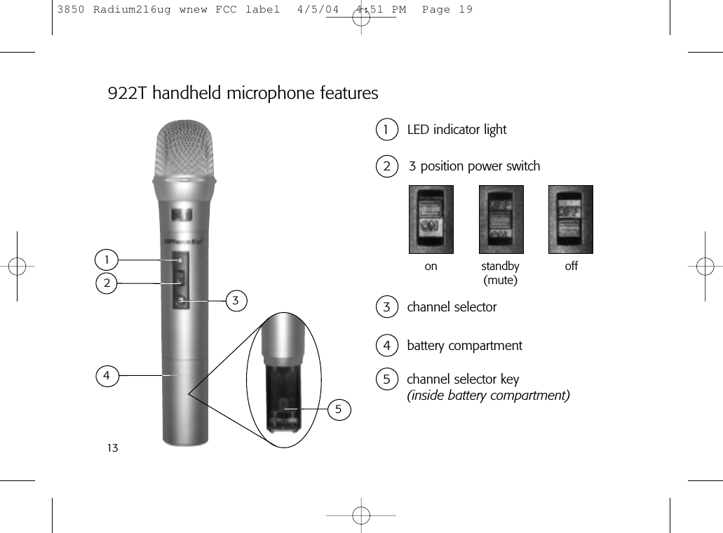 13922T handheld microphone features 1 LED indicator light4 battery compartment5 channel selector key(inside battery compartment)2 3 position power switchon offstandby(mute)425313 channel selector3850 Radium216ug wnew FCC label  4/5/04  4:51 PM  Page 19