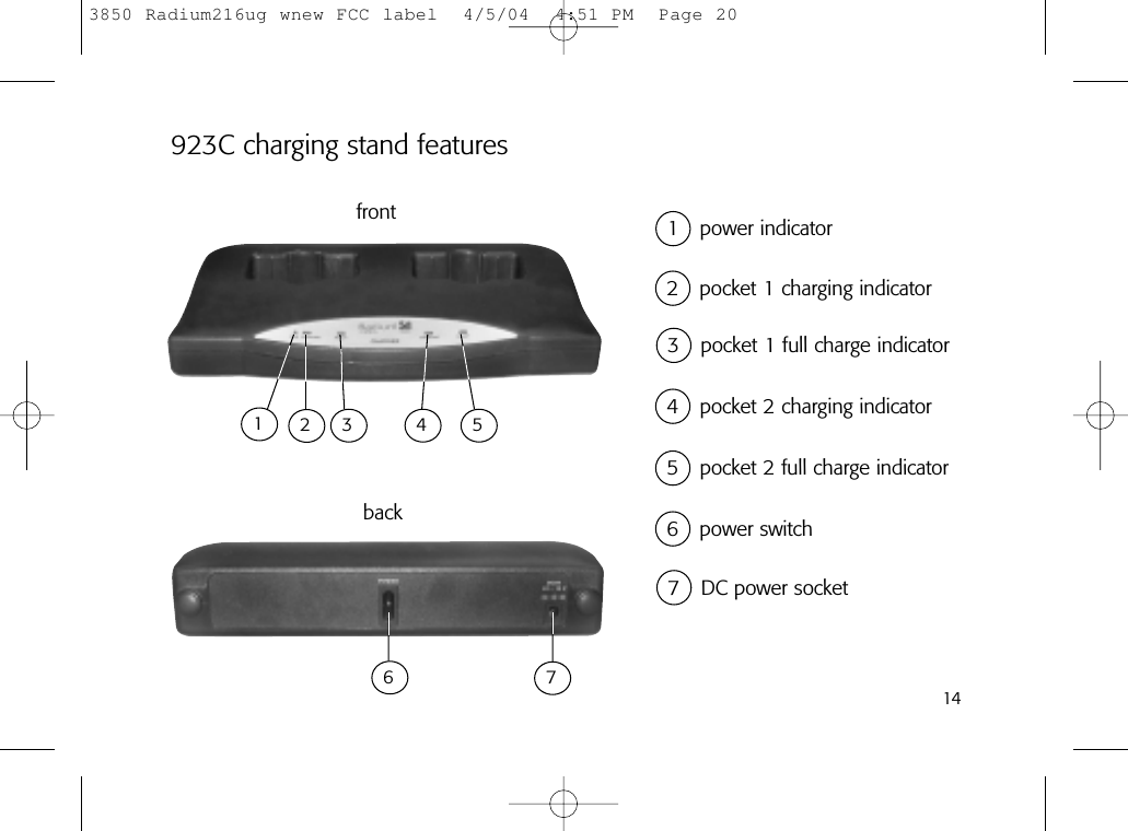 14923C charging stand features 2 pocket 1 charging indicator1 power indicator3 pocket 1 full charge indicator4 pocket 2 charging indicator5 pocket 2 full charge indicator6 power switch7 DC power socketfrontback67123 4 53850 Radium216ug wnew FCC label  4/5/04  4:51 PM  Page 20