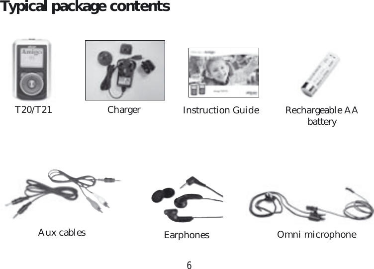 6Typical package contentsT20/T21 ChargerEarphonesInstruction GuideAux cablesRechargeable AA batteryOmni microphone