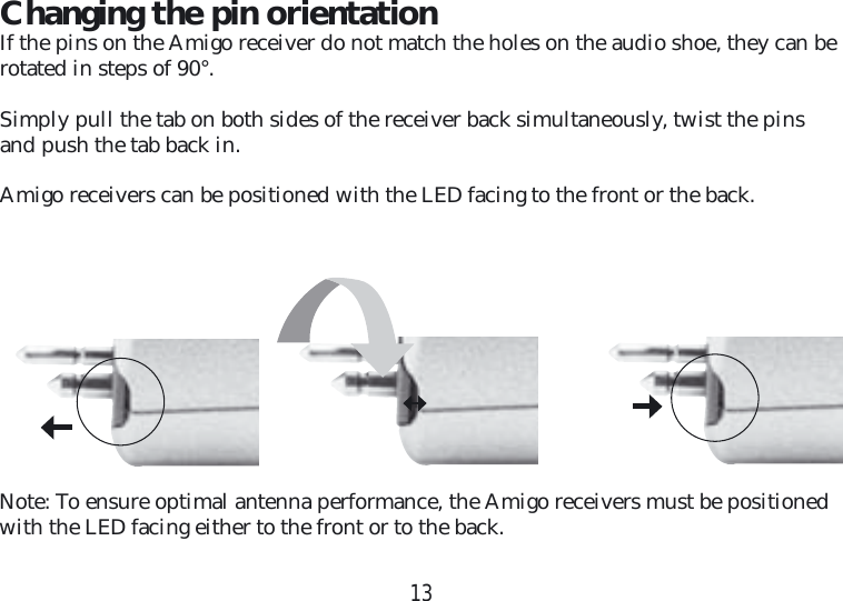 13Changing the pin orientationIf the pins on the Amigo receiver do not match the holes on the audio shoe, they can be rotated in steps of 90°. Simply pull the tab on both sides of the receiver back simultaneously, twist the pins and push the tab back in.Amigo receivers can be positioned with the LED facing to the front or the back.Note: To ensure optimal antenna performance, the Amigo receivers must be positioned with the LED facing either to the front or to the back.