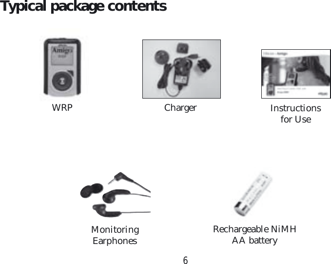 6Typical package contentsWRP ChargerMonitoring EarphonesInstructions for UseRechargeable NiMH AA battery