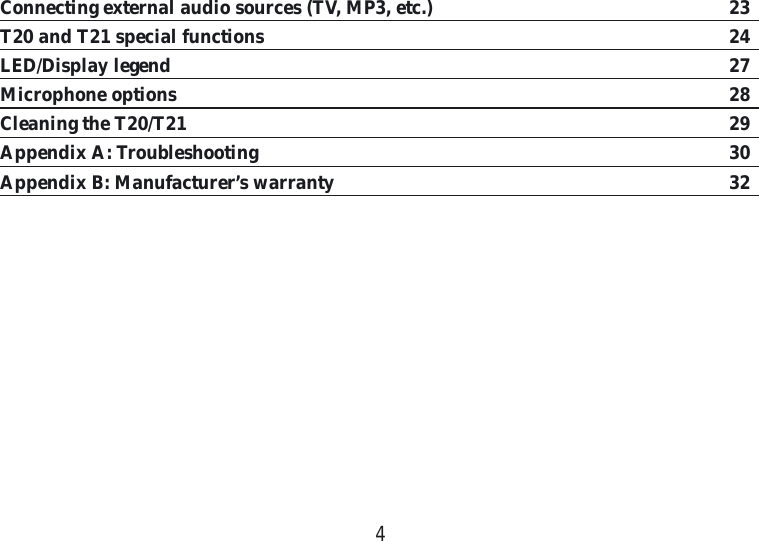 4Connecting external audio sources (TV, MP3, etc.)  23T20 and T21 special functions  24LED/Display legend  27Microphone options  28Cleaning the T20/T21  29Appendix A: Troubleshooting  30Appendix B: Manufacturer’s warranty  32