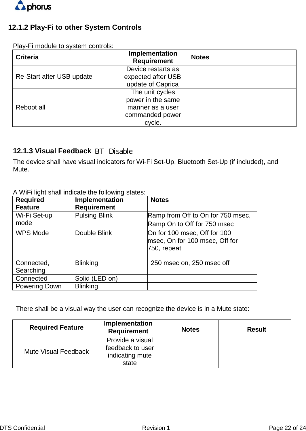 DTS Confidential  Revision 1  Page 22 of 2412.1.2 Play-Fi to other System Controls Play-Fi module to system controls: Criteria Implementation Requirement Notes Re-Start after USB update  Device restarts as expected after USB update of Caprica Reboot all The unit cycles power in the same manner as a user commanded power cycle. 12.1.3 Visual Feedback The device shall have visual indicators for Wi-Fi Set-Up, Bluetooth Set-Up (if included), and Mute. A WiFi light shall indicate the following states: Required Feature Implementation Requirement Notes Wi-Fi Set-up mode  Pulsing Blink  Ramp from Off to On for 750 msec, Ramp On to Off for 750 msec WPS Mode  Double Blink  On for 100 msec, Off for 100 msec, On for 100 msec, Off for 750, repeat Connected, Searching  Blinking  250 msec on, 250 msec off Connected Solid (LED on)   Powering Down  Blinking   There shall be a visual way the user can recognize the device is in a Mute state: Required Feature Implementation Requirement  Notes  Result Mute Visual Feedback Provide a visual feedback to user indicating mute state   BT  Disable