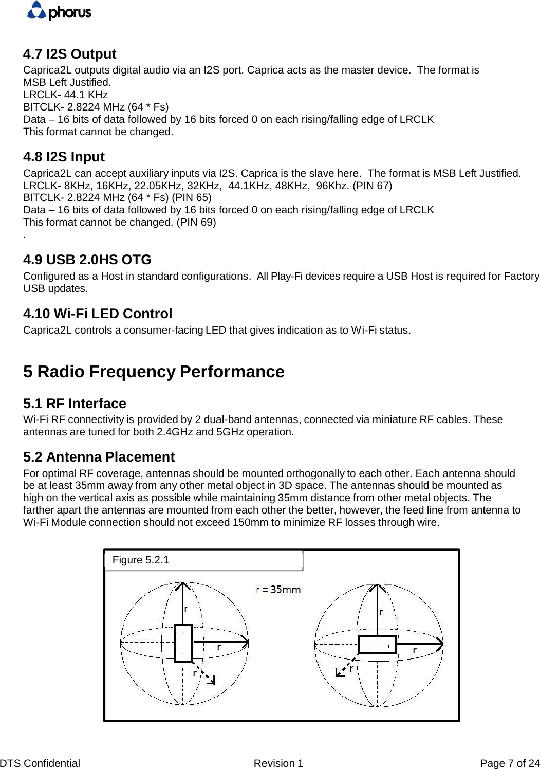 DTS Confidential  Revision 1  Page 7 of 24 4.7 I2S Output Caprica2L outputs digital audio via an I2S port. Caprica acts as the master device.  The format is MSB Left Justified.  LRCLK- 44.1 KHz BITCLK- 2.8224 MHz (64 * Fs) Data &ndash; 16 bits of data followed by 16 bits forced 0 on each rising/falling edge of LRCLK  This format cannot be changed. 4.8 I2S Input Caprica2L can accept auxiliary inputs via I2S. Caprica is the slave here.  The format is MSB Left Justified. LRCLK- 8KHz, 16KHz, 22.05KHz, 32KHz,  44.1KHz, 48KHz,  96Khz. (PIN 67) BITCLK- 2.8224 MHz (64 * Fs) (PIN 65) Data &ndash; 16 bits of data followed by 16 bits forced 0 on each rising/falling edge of LRCLK  This format cannot be changed. (PIN 69) .  4.9 USB 2.0HS OTG Configured as a Host in standard configurations.  All Play-Fi devices require a USB Host is required for Factory USB updates. 4.10 Wi-Fi LED Control Caprica2L controls a consumer-facing LED that gives indication as to Wi-Fi status. 5 Radio Frequency Performance 5.1 RF Interface Wi-Fi RF connectivity is provided by 2 dual-band antennas, connected via miniature RF cables. These antennas are tuned for both 2.4GHz and 5GHz operation. 5.2 Antenna Placement For optimal RF coverage, antennas should be mounted orthogonally to each other. Each antenna should be at least 35mm away from any other metal object in 3D space. The antennas should be mounted as high on the vertical axis as possible while maintaining 35mm distance from other metal objects. The farther apart the antennas are mounted from each other the better, however, the feed line from antenna to Wi-Fi Module connection should not exceed 150mm to minimize RF losses through wire. Figure 5.2.1