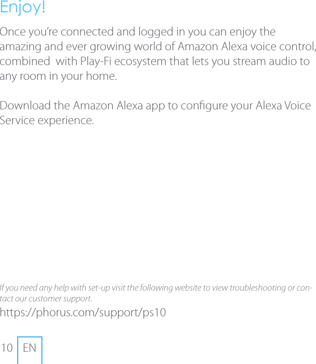 10 ENEnjoy!Once you&rsquo;re connected and logged in you can enjoy the amazing and ever growing world of Amazon Alexa voice control, combined  with Play-Fi ecosystem that lets you stream audio to any room in your home.Download the Amazon Alexa app to congure your Alexa Voice Service experience. If you need any help with set-up visit the following website to view troubleshooting or con-tact our customer support.https://phorus.com/support/ps10