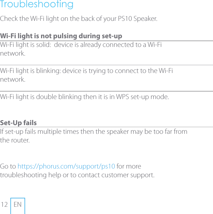 12 ENTroubleshootingCheck the Wi-Fi light on the back of your PS10 Speaker.Wi-Fi light is not pulsing during set-upWi-Fi light is solid:  device is already connected to a Wi-Fi network.Wi-Fi light is blinking: device is trying to connect to the Wi-Fi network.  Wi-Fi light is double blinking then it is in WPS set-up mode.  Set-Up fails If set-up fails multiple times then the speaker may be too far from the router.  Go to https://phorus.com/support/ps10 for more troubleshooting help or to contact customer support.