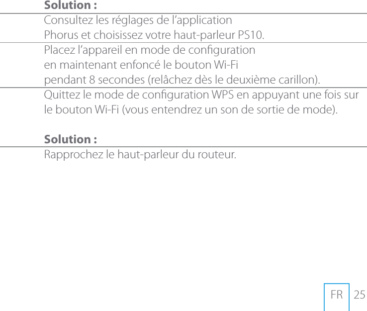 25FR Solution:Consultez les r&eacute;glages de l&rsquo;application  Phorus et choisissez votre haut-parleurPS10. Placez l&rsquo;appareil en mode de conguration  en maintenant enfonc&eacute; le boutonWi-Fi  pendant 8secondes (rel&acirc;chez d&egrave;s le deuxi&egrave;me carillon).Quittez le mode de congurationWPS en appuyant une fois sur le boutonWi-Fi (vous entendrez un son de sortie de mode).Solution:Rapprochez le haut-parleur du routeur.