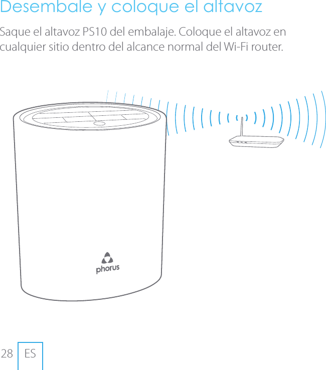 28 ESDesembale y coloque el altavozSaque el altavoz PS10 del embalaje. Coloque el altavoz en cualquier sitio dentro del alcance normal del Wi-Fi router.