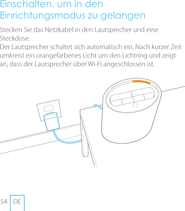 54 DEEinschalten, um in den Einrichtungsmodus zu gelangen Stecken Sie das Netzkabel in den Lautsprecher und eine Steckdose.Der Lautsprecher schaltet sich automatisch ein. Nach kurzer Zeit umkreist ein orangefarbenes Licht um den Lichtring und zeigt an, dass der Lautsprecher &uuml;ber Wi-Fi angeschlossen ist.