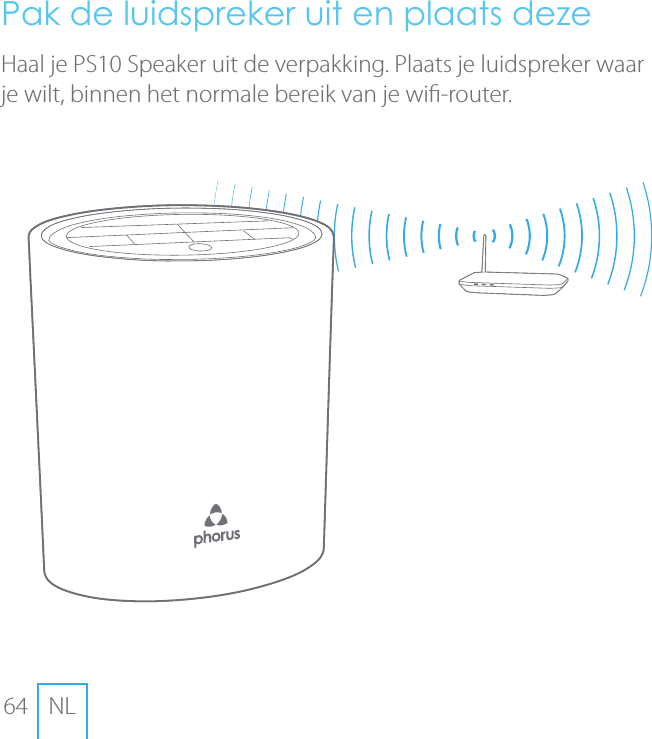 64 NLPak de luidspreker uit en plaats dezeHaal je PS10 Speaker uit de verpakking. Plaats je luidspreker waar je wilt, binnen het normale bereik van je wi-router.