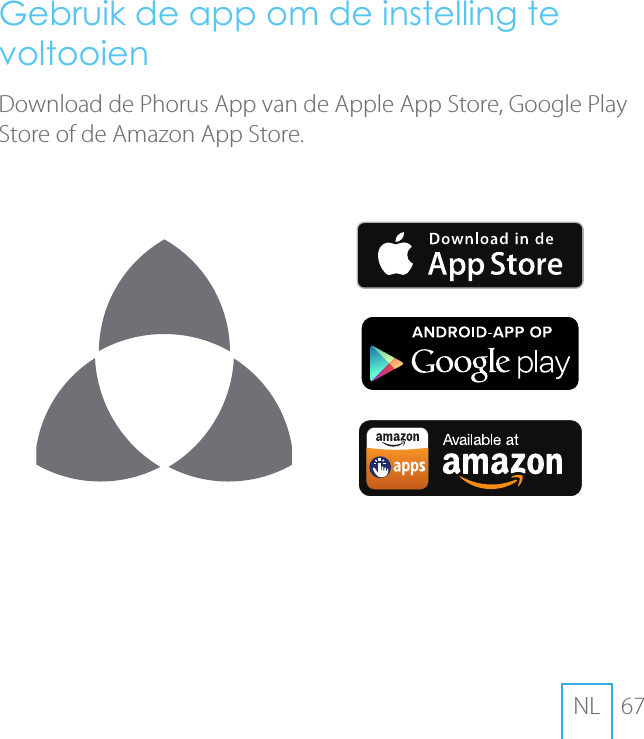 67NLGebruik de app om de instelling te voltooienDownload de Phorus App van de Apple App Store, Google Play Store of de Amazon App Store.