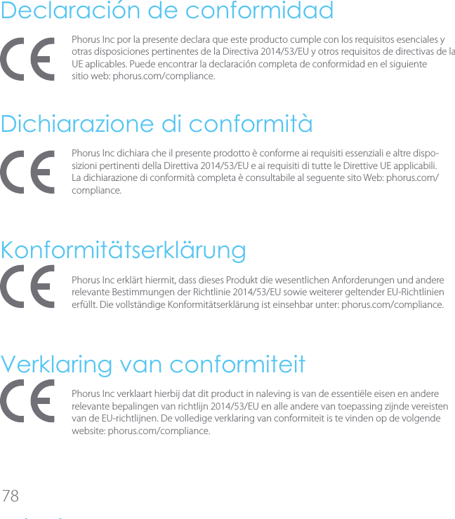 78Declaraci&oacute;n de conformidadPhorus Inc por la presente declara que este producto cumple con los requisitos esenciales y otras disposiciones pertinentes de la Directiva 2014/53/EU y otros requisitos de directivas de la UE aplicables. Puede encontrar la declaraci&oacute;n completa de conformidad en el siguiente  sitio web: phorus.com/compliance.    Dichiarazione di conformit&agrave;Phorus Inc dichiara che il presente prodotto &egrave; conforme ai requisiti essenziali e altre dispo-sizioni pertinenti della Direttiva 2014/53/EU e ai requisiti di tutte le Direttive UE applicabili. La dichiarazione di conformit&agrave; completa &egrave; consultabile al seguente sito Web: phorus.com/compliance.Konformit&auml;tserkl&auml;rungPhorus Inc erkl&auml;rt hiermit, dass dieses Produkt die wesentlichen Anforderungen und andere relevante Bestimmungen der Richtlinie 2014/53/EU sowie weiterer geltender EU-Richtlinien erf&uuml;llt. Die vollst&auml;ndige Konformit&auml;tserkl&auml;rung ist einsehbar unter: phorus.com/compliance.Verklaring van conformiteitPhorus Inc verklaart hierbij dat dit product in naleving is van de essenti&euml;le eisen en andere relevante bepalingen van richtlijn 2014/53/EU en alle andere van toepassing zijnde vereisten van de EU-richtlijnen. De volledige verklaring van conformiteit is te vinden op de volgende website: phorus.com/compliance.