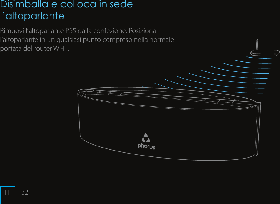 32Disimballa e colloca in sede l&rsquo;altoparlanteRimuovi l&rsquo;altoparlante PS5 dalla confezione. Posiziona l&rsquo;altoparlante in un qualsiasi punto compreso nella normale portata del router Wi-Fi.IT