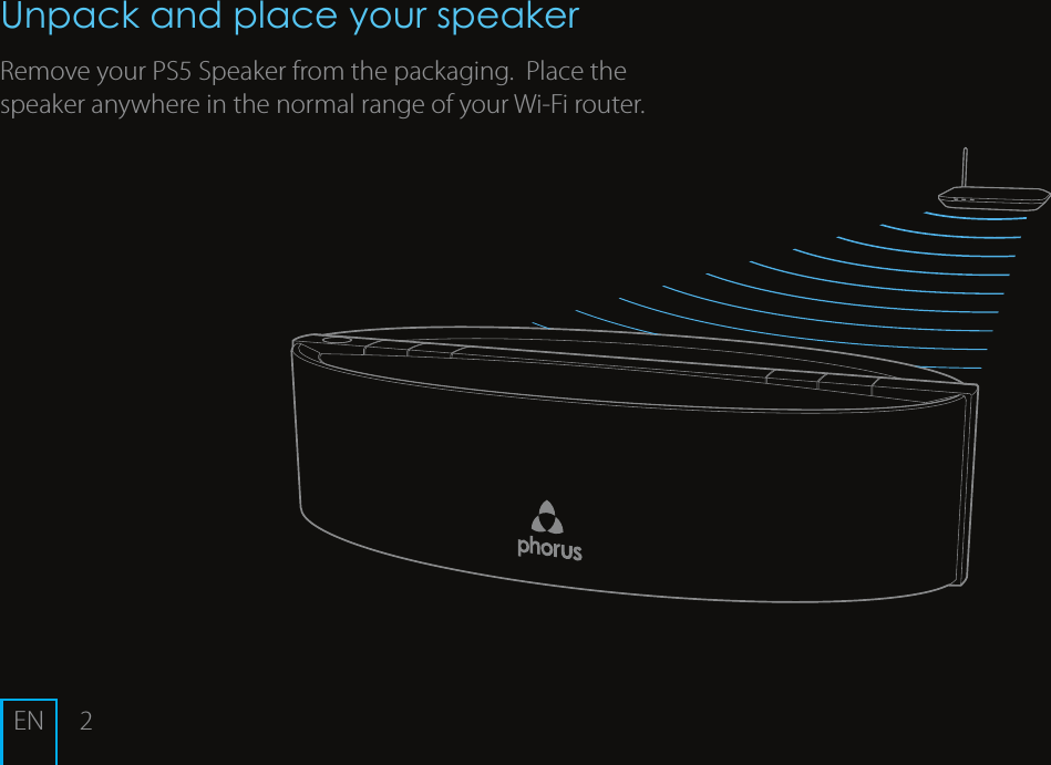 2ENUnpack and place your speakerRemove your PS5 Speaker from the packaging.  Place the speaker anywhere in the normal range of your Wi-Fi router.