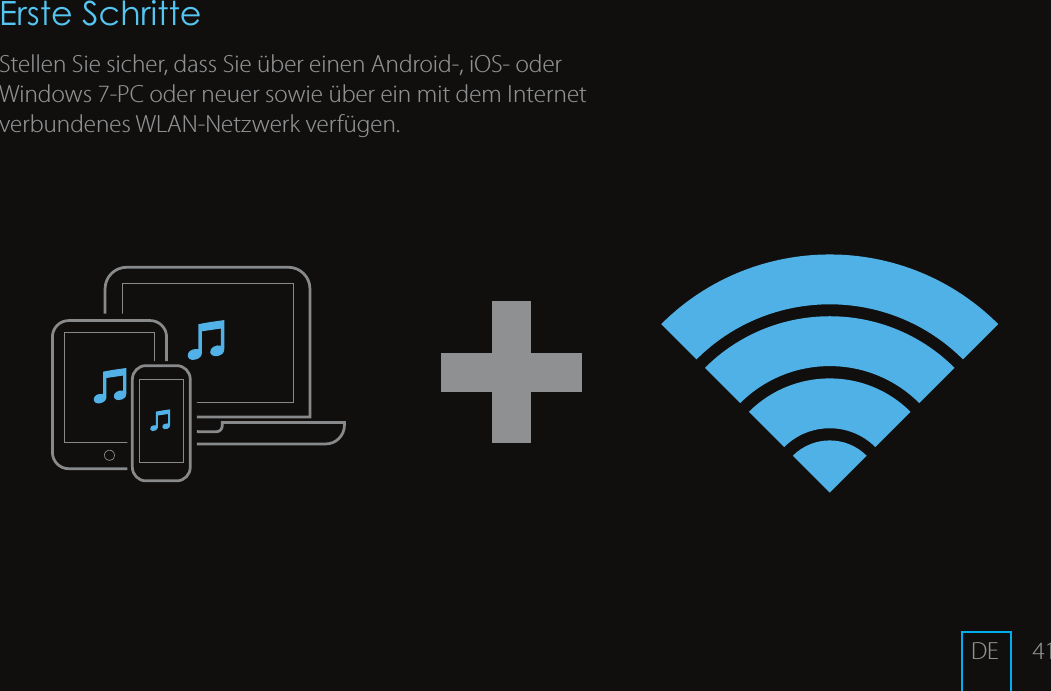 41Erste SchritteStellen Sie sicher, dass Sie &uuml;ber einen Android-, iOS- oder Windows 7-PC oder neuer sowie &uuml;ber ein mit dem Internet verbundenes WLAN-Netzwerk verf&uuml;gen.DE