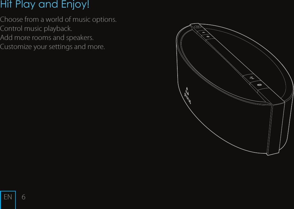 6ENHit Play and Enjoy!Choose from a world of music options.Control music playback.Add more rooms and speakers.Customize your settings and more. 