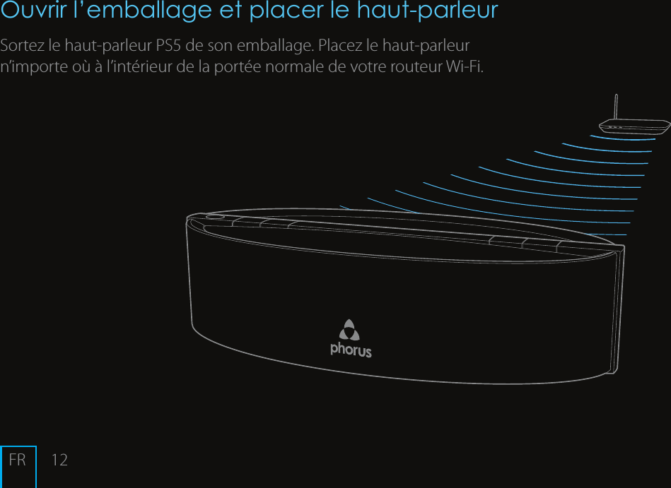 12FROuvrir l&rsquo;emballage et placer le haut-parleurSortez le haut-parleurPS5 de son emballage. Placez le haut-parleur n&rsquo;importe o&ugrave; &agrave; l&rsquo;int&eacute;rieur de la port&eacute;e normale de votre routeurWi-Fi.