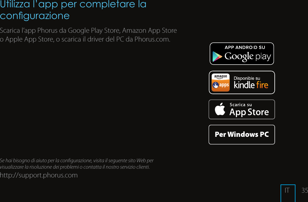 35Utilizza l&rsquo;app per completare la congurazioneScarica l&rsquo;app Phorus da Google Play Store, Amazon App Store o Apple App Store, o scarica il driver del PC da Phorus.com.Se hai bisogno di aiuto per la congurazione, visita il seguente sito Web per visualizzare la risoluzione dei problemi o contatta il nostro servizio clienti.http://support.phorus.comIT