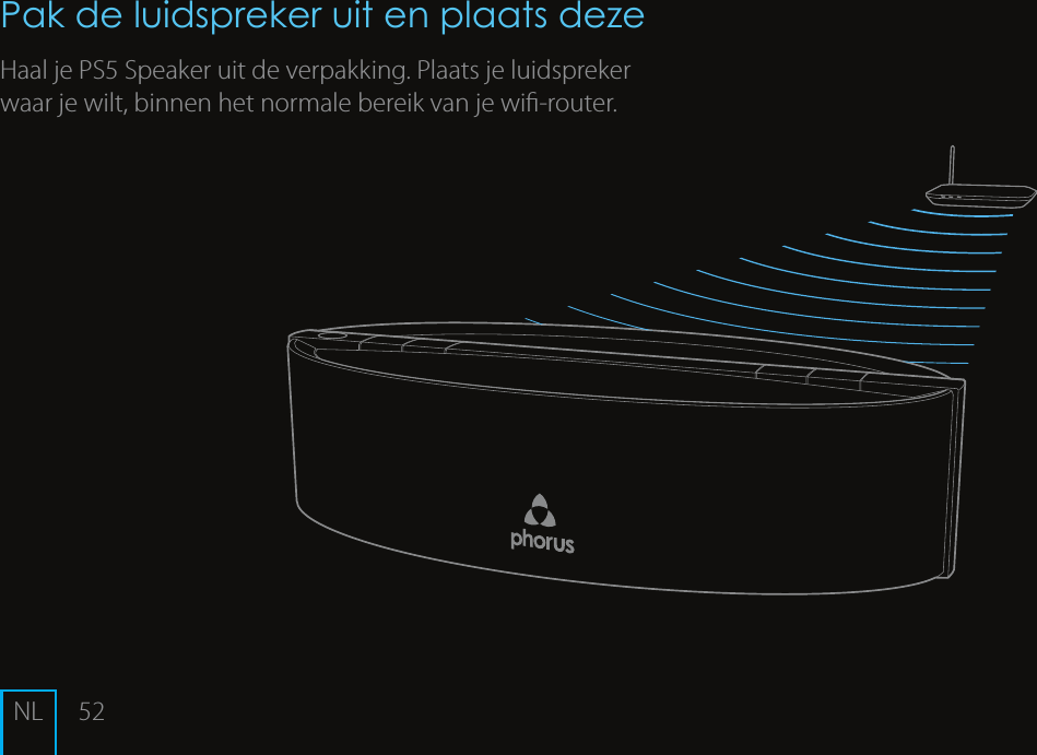 52Pak de luidspreker uit en plaats dezeHaal je PS5 Speaker uit de verpakking. Plaats je luidspreker waar je wilt, binnen het normale bereik van je wi-router.NL