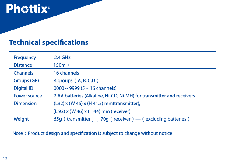 12Technical specications  Frequency                 2.4 GHzDistance                    150m＋Channels                  16 channelsGroups (GR)              4 groups（A, B, C,D）Digital ID                  0000～9999 (5－16 channels)Power source           2 AA batteries (Alkaline, Ni-CD, Ni-MH) for transmitter and receiversDimension                (L92) x (W 46) x (H 41.5) mm(transmitter),                                     (L 92) x (W 46) x (H 44) mm (receiver)Weight                  65g（transmitter）；70g（receiver）&mdash;（excluding batteries）Note：Product design and specication is subject to change without notice
