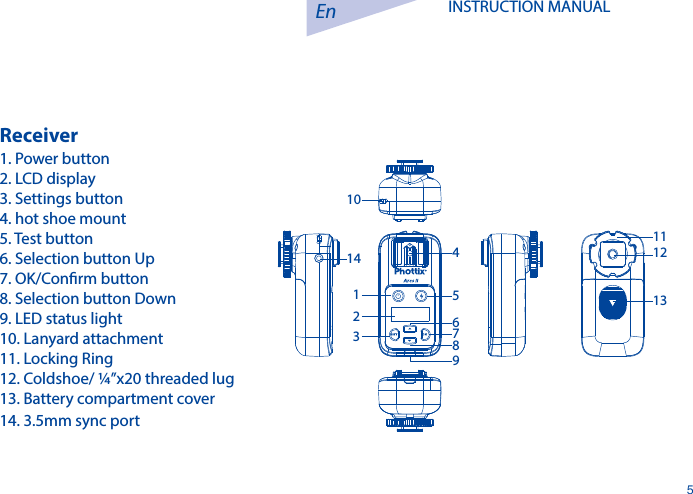 En5INSTRUCTION MANUAL Receiver1. Power button2. LCD display3. Settings button4. hot shoe mount5. Test button6. Selection button Up 7. OK/Conrm button8. Selection button Down9. LED status light10. Lanyard attachment 11. Locking Ring12. Coldshoe/ &frac14;&rdquo;x20 threaded lug13. Battery compartment cover14. 3.5mm sync port1231014 4 12131156789