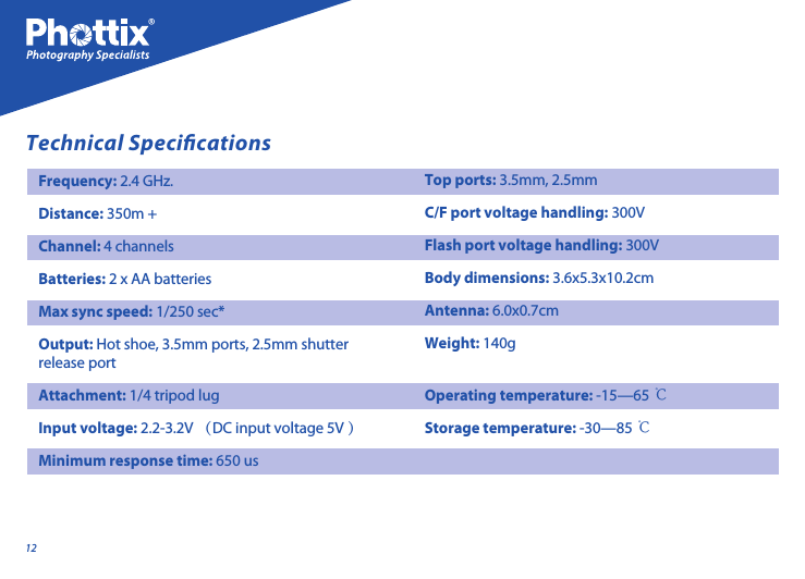 12Technical SpecicationsFrequency: 2.4 GHz.  Distance: 350m + Channel: 4 channels Batteries: 2 x AA batteries   Max sync speed: 1/250 sec*Output: Hot shoe, 3.5mm ports, 2.5mm shutter release portAttachment: 1/4 tripod lugInput voltage: 2.2-3.2V （DC input voltage 5V ） Minimum response time: 650 us Top ports: 3.5mm, 2.5mm C/F port voltage handling: 300V Flash port voltage handling: 300V Body dimensions: 3.6x5.3x10.2cm Antenna: 6.0x0.7cmWeight: 140g         Operating temperature: -15&mdash;65 ℃ Storage temperature: -30&mdash;85 ℃
