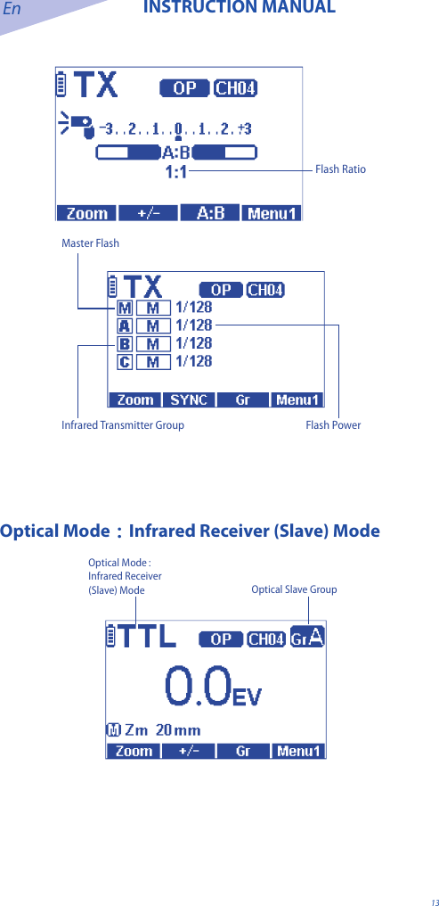 En INSTRUCTION MANUAL13Flash RatioMaster FlashInfrared Transmitter Group Flash PowerOptical Mode：Infrared Receiver (Slave) ModeOptical Mode：Infrared Receiver (Slave) Mode Optical Slave Group