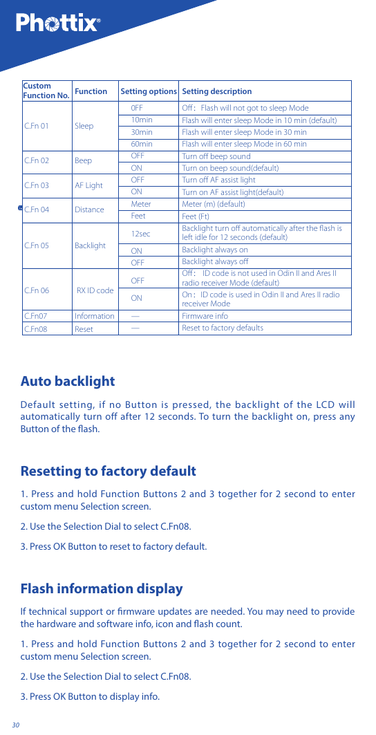 30screenC.Fn 01C.Fn 02C.Fn 03C.Fn 04C.Fn 05C.Fn 06C.Fn07C.Fn08SleepBeepAF LightDistanceBacklight RX ID codeInformationReset0FF10min30min60minOFFONOFFONMeterFeet12secONOFFOFFON&mdash;&mdash;Oﬀ：Flash will not got to sleep ModeFlash will enter sleep Mode in 10 min (default)Flash will enter sleep Mode in 30 minFlash will enter sleep Mode in 60 minTurn oﬀ beep soundTurn on beep sound(default)Turn oﬀ AF assist lightTurn on AF assist light(default)Meter (m) (default)Feet (Ft)Backlight turn oﬀ automatically after the ﬂash is left idle for 12 seconds (default)Backlight always on Backlight always oﬀOﬀ： ID code is not used in Odin II and Ares II radio receiver Mode (default)On：ID code is used in Odin II and Ares II radio receiver ModeFirmware infoReset to factory defaultsCustom Function No. Function Setting options Setting descriptionAuto backlightDefault setting, if no Button is pressed, the backlight of the LCD will automatically turn off after 12 seconds. To turn the backlight on, press any Button of the ash.Resetting to factory default1. Press and hold Function Buttons 2 and 3 together for 2 second to enter custom menu Selection screen.2. Use the Selection Dial to select C.Fn08.3. Press OK Button to reset to factory default.Flash information displayIf technical support or rmware updates are needed. You may need to provide the hardware and software info, icon and ash count.1. Press and hold Function Buttons 2 and 3 together for 2 second to enter custom menu Selection screen.2. Use the Selection Dial to select C.Fn08.3. Press OK Button to display info.