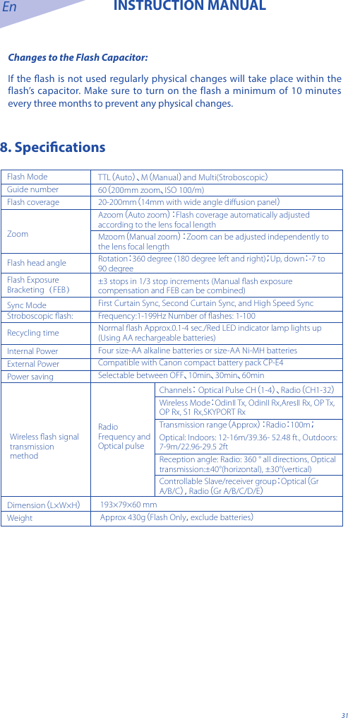 En INSTRUCTION MANUAL31Changes to the Flash Capacitor:If the ash is not used regularly physical changes will take place within the flash&rsquo;s capacitor. Make sure to turn on the flash a minimum of 10 minutes every three months to prevent any physical changes.8. SpecicationsFlash ModeGuide numberFlash coverageZoomFlash head angleFlash Exposure Bracketing（FEB）Sync ModeStroboscopic ﬂash:Recycling timeInternal PowerExternal PowerPower savingTTL（Auto）、M（Manual）and Multi(Stroboscopic）60（200mm zoom、ISO 100/m)20-200mm（14mm with wide angle diﬀusion panel）Azoom（Auto zoom）： Flash coverage automatically adjusted according to the lens focal lengthMzoom（Manual zoom）： Zoom can be adjusted independently to the lens focal length Rotation：360 degree (180 degree left and right)；Up, down：-7 to 90 degree&plusmn;3 stops in 1/3 stop increments (Manual ﬂash exposure compensation and FEB can be combined)First Curtain Sync, Second Curtain Sync, and High Speed SyncFrequency:1-199Hz Number of ﬂashes: 1-100Normal ﬂash Approx.0.1-4 sec./Red LED indicator lamp lights up (Using AA rechargeable batteries)Four size-AA alkaline batteries or size-AA Ni-MH batteriesCompatible with Canon compact battery pack CP-E4 Selectable between OFF、10min、30min、60min193&times;79&times;60 mm Approx 430g（Flash Only，exclude batteries）Dimension（L&times;W&times;H）WeightChannels： Optical Pulse CH（1-4）、Radio（CH1-32）Wireless Mode：OdinII Tx, OdinII Rx,AresII Rx, OP Tx, OP Rx, S1 Rx,SKYPORT RxTransmission range（Approx）： Radio：100m；Optical: Indoors: 12-16m/39.36- 52.48 ft., Outdoors: 7-9m/22.96-29.5 2ft  Reception angle: Radio: 360 &deg; all directions, Optical transmission:&plusmn;40&deg;(horizontal), &plusmn;30&deg;(vertical)Controllable Slave/receiver group：Optical（Gr A/B/C），Radio（Gr A/B/C/D/E）Radio Frequency and Optical pulse Wireless ﬂash signal transmission method
