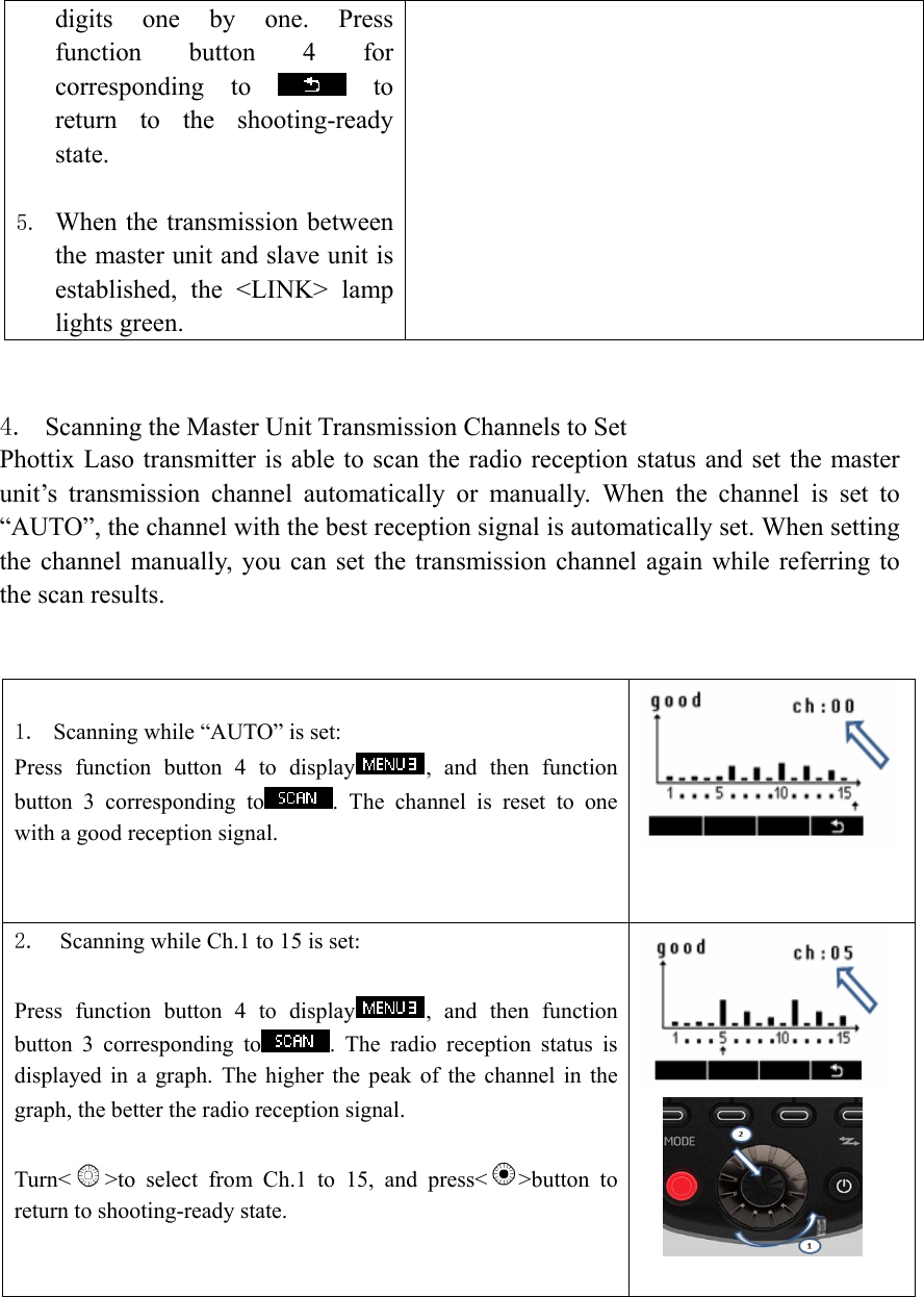 digits one by one. Press function button 4 for corresponding to   to return to the shooting-ready state.  5. When the transmission between the master unit and slave unit is established, the <LINK> lamp lights green.   4. Scanning the Master Unit Transmission Channels to Set Phottix Laso transmitter is able to scan the radio reception status and set the master unit&rsquo;s transmission channel automatically or manually. When the channel is set to &ldquo;AUTO&rdquo;, the channel with the best reception signal is automatically set. When setting the channel manually, you can set the transmission channel again while referring to the scan results.         1. Scanning while &ldquo;AUTO&rdquo; is set:   Press function button 4 to display , and then function button 3 corresponding to . The channel is reset to one with a good reception signal.    2. Scanning while Ch.1 to 15 is set:Press function button 4 to display , and then function button 3 corresponding to . The radio reception status is displayed in a graph. The higher the peak of the channel in the graph, the better the radio reception signal.   Turn< >to select from Ch.1 to 15, and press< >button to return to shooting-ready state.             