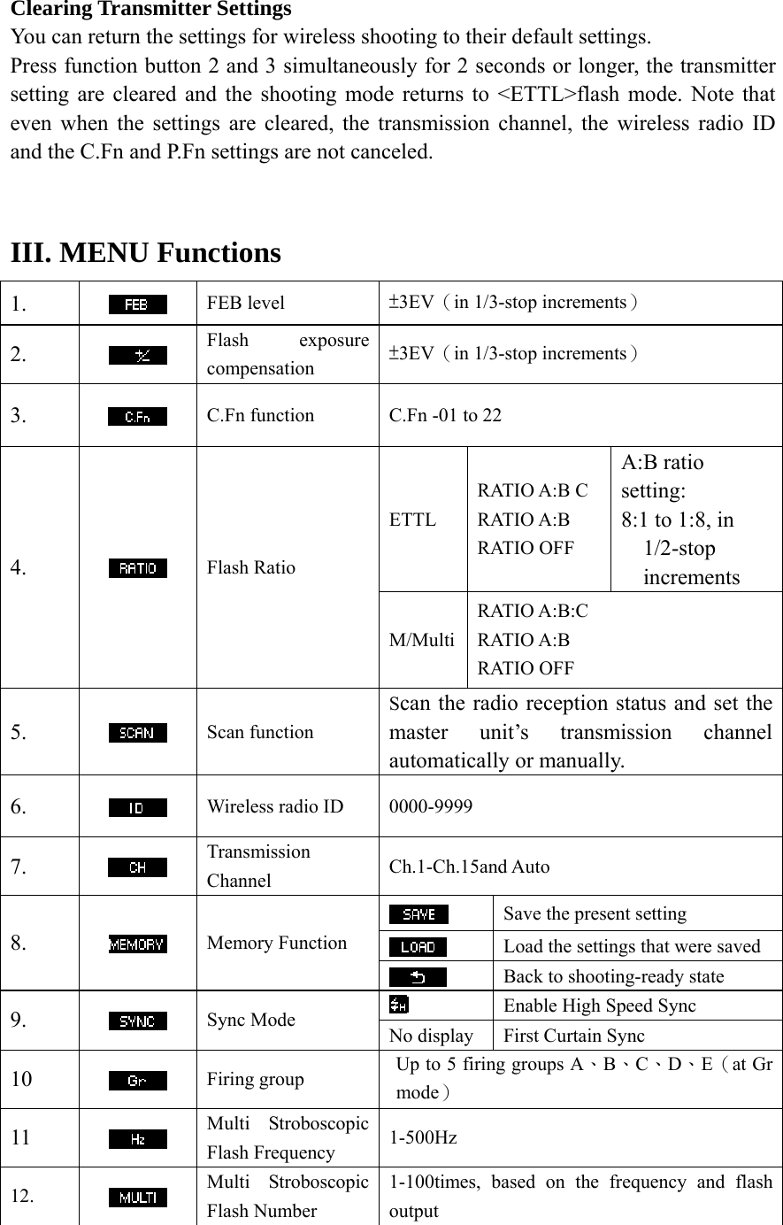 Clearing Transmitter Settings You can return the settings for wireless shooting to their default settings. Press function button 2 and 3 simultaneously for 2 seconds or longer, the transmitter setting are cleared and the shooting mode returns to <ETTL>flash mode. Note that even when the settings are cleared, the transmission channel, the wireless radio ID and the C.Fn and P.Fn settings are not canceled.  III. MENU Functions 1.   FEB level  &plusmn;3EV（in 1/3-stop increments） 2.    Flash exposure compensation &plusmn;3EV（in 1/3-stop increments） 3.   C.Fn function  C.Fn -01 to 22  ETTL RATIO A:B C RATIO A:B RATIO OFF A:B ratio setting: 8:1 to 1:8, in 1/2-stop increments 4.   Flash Ratio M/MultiRATIO A:B:C RATIO A:B RATIO OFF 5.   Scan function Scan the radio reception status and set the master unit&rsquo;s transmission channel automatically or manually. 6.   Wireless radio ID  0000-9999  7.   Transmission Channel  Ch.1-Ch.15and Auto  Save the present setting  Load the settings that were saved 8.   Memory Function  Back to shooting-ready state  Enable High Speed Sync 9.   Sync Mode  No display  First Curtain Sync 10   Firing group  Up to 5 firing groups A、B、C、D、E（at Gr mode） 11   Multi Stroboscopic Flash Frequency 1-500Hz   12.   Multi Stroboscopic Flash Number 1-100times, based on the frequency and flash output  