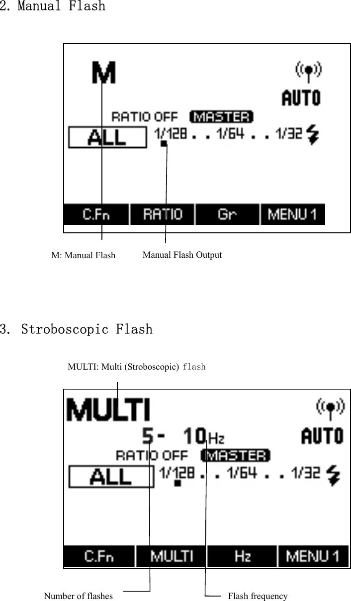   2. Manual Flash        3. Stroboscopic Flash           Manual Flash Output M: Manual Flash Number of flashes  Flash frequency MULTI: Multi (Stroboscopic) flash