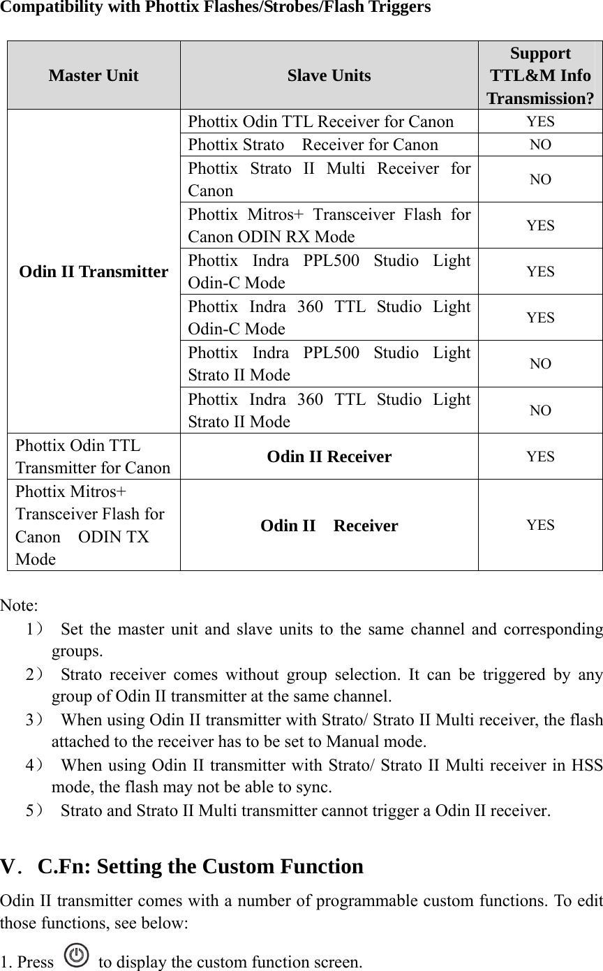  Compatibility with Phottix Flashes/Strobes/Flash Triggers   Note: 1） Set the master unit and slave units to the same channel and corresponding         groups. 2） Strato receiver comes without group selection. It can be triggered by any  group of Odin II transmitter at the same channel.   3） When using Odin II transmitter with Strato/ Strato II Multi receiver, the flash attached to the receiver has to be set to Manual mode.   4） When using Odin II transmitter with Strato/ Strato II Multi receiver in HSS mode, the flash may not be able to sync. 5） Strato and Strato II Multi transmitter cannot trigger a Odin II receiver.    V．C.Fn: Setting the Custom Function Odin II transmitter comes with a number of programmable custom functions. To edit those functions, see below: 1. Press    to display the custom function screen. Master Unit  Slave Units  Support TTL&amp;M Info Transmission? Phottix Odin TTL Receiver for Canon  YES Phottix Strato    Receiver for Canon  NO Phottix Strato II Multi Receiver for Canon  NO Phottix Mitros+ Transceiver Flash for Canon ODIN RX Mode  YES Phottix Indra PPL500 Studio Light Odin-C Mode  YES Phottix Indra 360 TTL Studio Light Odin-C Mode  YES Phottix Indra PPL500 Studio Light Strato II Mode  NO Odin II Transmitter Phottix Indra 360 TTL Studio Light Strato II Mode  NO Phottix Odin TTL Transmitter for Canon  Odin II Receiver  YES Phottix Mitros+   Transceiver Flash for Canon  ODIN TX Mode Odin II  Receiver  YES 