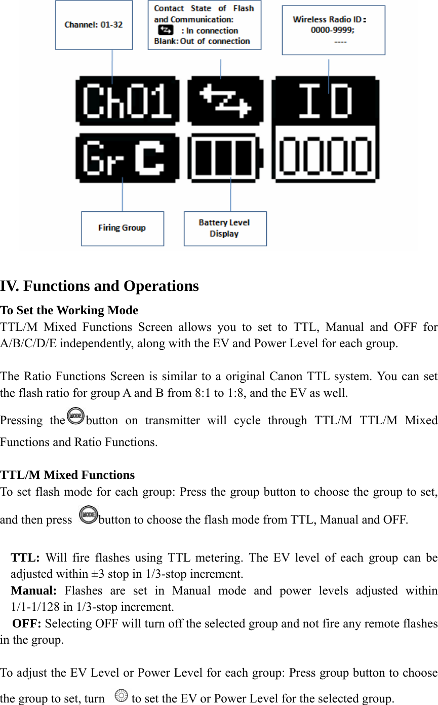   IV. Functions and Operations To Set the Working Mode TTL/M Mixed Functions Screen allows you to set to TTL, Manual and OFF for A/B/C/D/E independently, along with the EV and Power Level for each group.  The Ratio Functions Screen is similar to a original Canon TTL system. You can set the flash ratio for group A and B from 8:1 to 1:8, and the EV as well. Pressing the button on transmitter will cycle through TTL/M TTL/M Mixed Functions and Ratio Functions.  TTL/M Mixed Functions  To set flash mode for each group: Press the group button to choose the group to set, and then press  button to choose the flash mode from TTL, Manual and OFF.    TTL: Will fire flashes using TTL metering. The EV level of each group can be adjusted within &plusmn;3 stop in 1/3-stop increment.   Manual: Flashes are set in Manual mode and power levels adjusted within 1/1-1/128 in 1/3-stop increment. OFF: Selecting OFF will turn off the selected group and not fire any remote flashes in the group.    To adjust the EV Level or Power Level for each group: Press group button to choose the group to set, turn  to set the EV or Power Level for the selected group. 