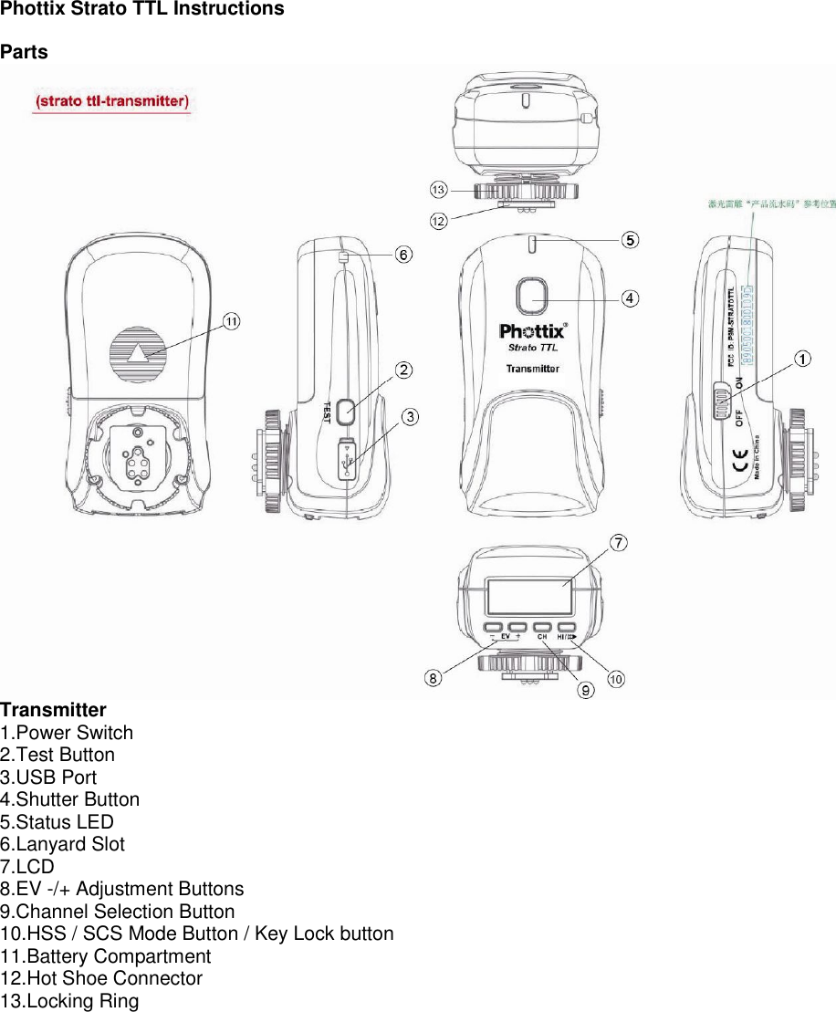 Phottix Strato TTL Instructions  Parts  Transmitter   1.Power Switch 2.Test Button 3.USB Port 4.Shutter Button 5.Status LED 6.Lanyard Slot 7.LCD 8.EV -/+ Adjustment Buttons 9.Channel Selection Button 10.HSS / SCS Mode Button / Key Lock button   11.Battery Compartment 12.Hot Shoe Connector 13.Locking Ring  