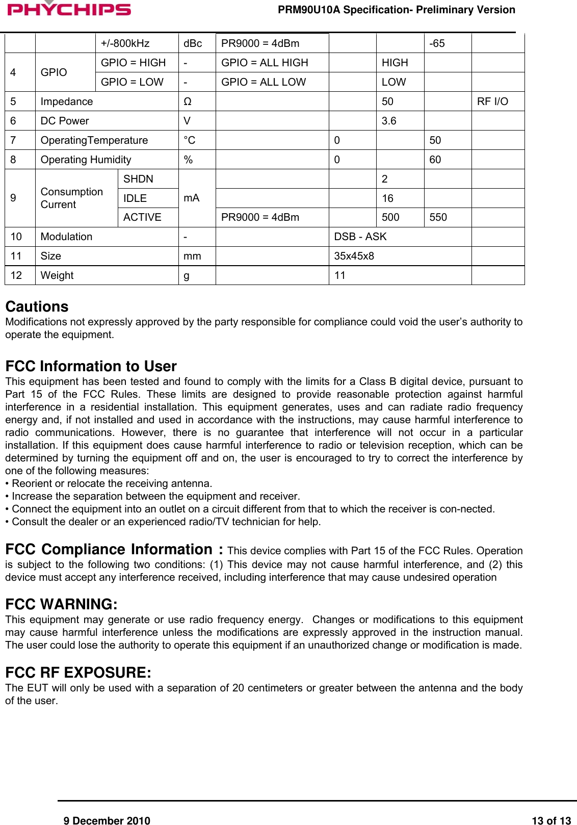      9 December 2010  13 of 13      PRM90U10A Specification- Preliminary Version     +/-800kHz  dBc  PR9000 = 4dBm      -65   GPIO = HIGH  -  GPIO = ALL HIGH    HIGH     4 GPIO  GPIO = LOW  -  GPIO = ALL LOW    LOW     5 Impedance  Ω     50    RF I/O 6 DC Power  V      3.6     7 OperatingTemperature  &deg;C   0    50   8 Operating Humidity  %    0    60   SHDN    2   IDLE    16   9  Consumption Current ACTIVE mA PR9000 = 4dBm    500  550   10  Modulation  -    DSB - ASK   11 Size  mm    35x45x8   12 Weight  g    11    Cautions    Modifications not expressly approved by the party responsible for compliance could void the user&rsquo;s authority to operate the equipment.  FCC Information to User This equipment has been tested and found to comply with the limits for a Class B digital device, pursuant to Part 15 of the FCC Rules. These limits are designed to provide reasonable protection against harmful interference in a residential installation. This equipment generates, uses and can radiate radio frequency energy and, if not installed and used in accordance with the instructions, may cause harmful interference to radio communications. However, there is no guarantee that interference will not occur in a particular installation. If this equipment does cause harmful interference to radio or television reception, which can be determined by turning the equipment off and on, the user is encouraged to try to correct the interference by one of the following measures: &bull; Reorient or relocate the receiving antenna. &bull; Increase the separation between the equipment and receiver. &bull; Connect the equipment into an outlet on a circuit different from that to which the receiver is con-nected. &bull; Consult the dealer or an experienced radio/TV technician for help.  FCC Compliance Information : This device complies with Part 15 of the FCC Rules. Operation is subject to the following two conditions: (1) This device may not cause harmful interference, and (2) this device must accept any interference received, including interference that may cause undesired operation  FCC WARNING:     This equipment may generate or use radio frequency energy.  Changes or modifications to this equipment may cause harmful interference unless the modifications are expressly approved in the instruction manual.  The user could lose the authority to operate this equipment if an unauthorized change or modification is made.  FCC RF EXPOSURE:  The EUT will only be used with a separation of 20 centimeters or greater between the antenna and the body of the user.  