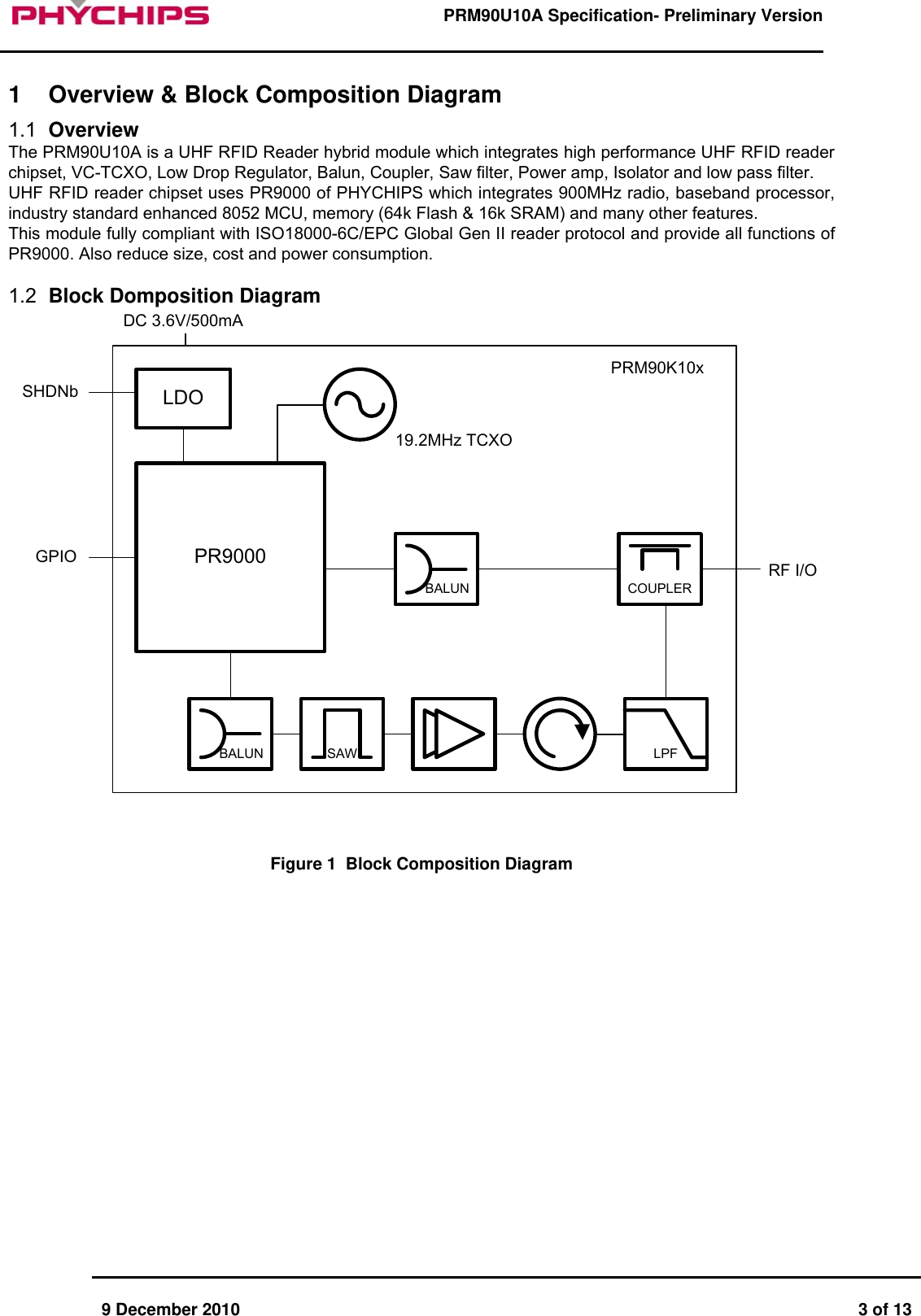      9 December 2010  3 of 13      PRM90U10A Specification- Preliminary Version      1  Overview &amp; Block Composition Diagram 1.1  Overview The PRM90U10A is a UHF RFID Reader hybrid module which integrates high performance UHF RFID reader chipset, VC-TCXO, Low Drop Regulator, Balun, Coupler, Saw filter, Power amp, Isolator and low pass filter. UHF RFID reader chipset uses PR9000 of PHYCHIPS which integrates 900MHz radio, baseband processor, industry standard enhanced 8052 MCU, memory (64k Flash &amp; 16k SRAM) and many other features. This module fully compliant with ISO18000-6C/EPC Global Gen II reader protocol and provide all functions of PR9000. Also reduce size, cost and power consumption.   1.2  Block Domposition Diagram PR9000LDOBALUNDC 3.6V/500mAGPIOSHDNbRF I/OBALUN SAWAMPLPFCOUPLERPRM90K10x19.2MHz TCXO Figure 1  Block Composition Diagram   