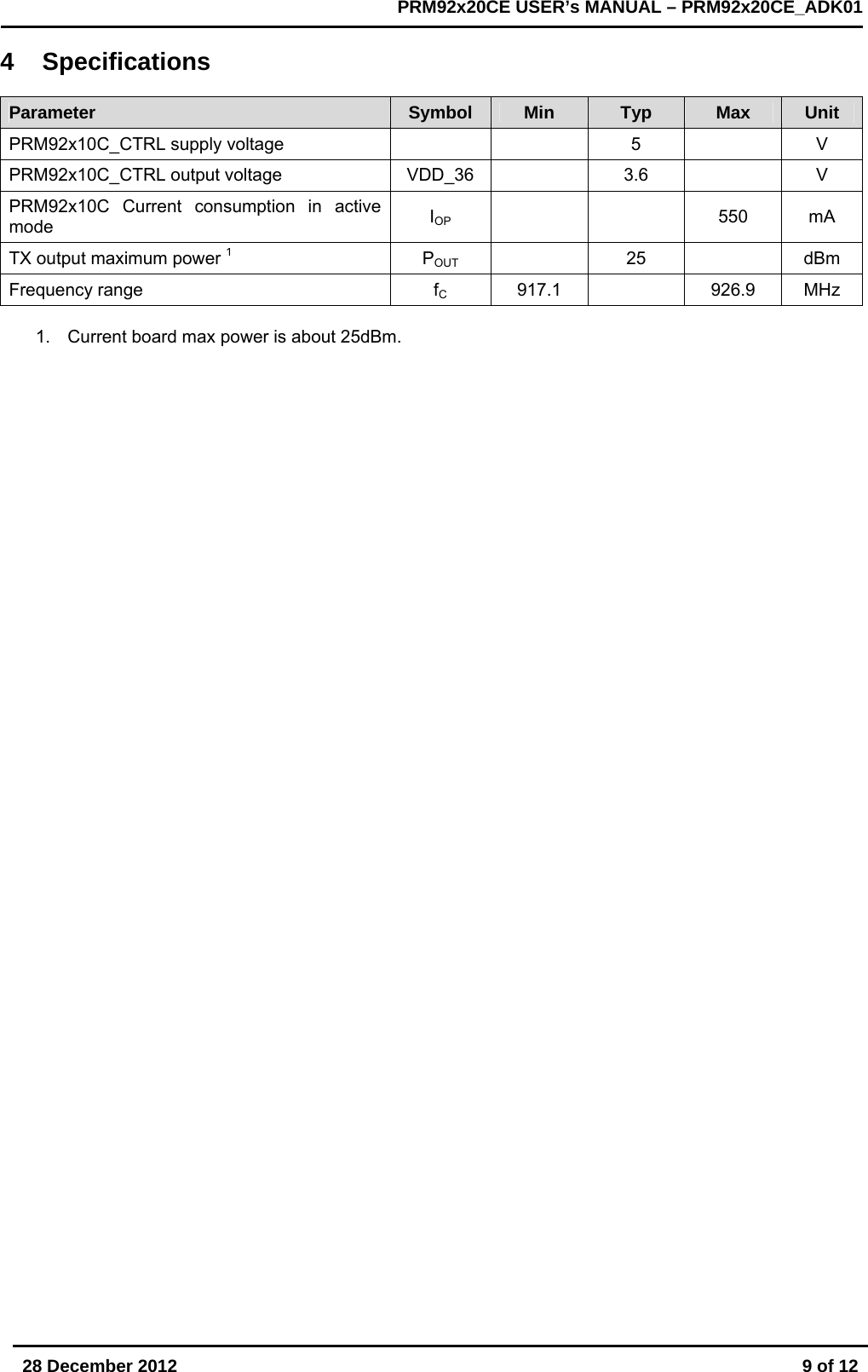       28 December 2012  9 of 12         PRM92x20CE USER&rsquo;s MANUAL &ndash; PRM92x20CE_ADK01      4 Specifications  Parameter  Symbol  Min  Typ  Max  Unit PRM92x10C_CTRL supply voltage      5    V PRM92x10C_CTRL output voltage  VDD_36    3.6    V PRM92x10C Current consumption in active mode  IOP    550 mA TX output maximum power 1 POUT   25   dBm Frequency range  fC 917.1  926.9 MHz  1.  Current board max power is about 25dBm. 